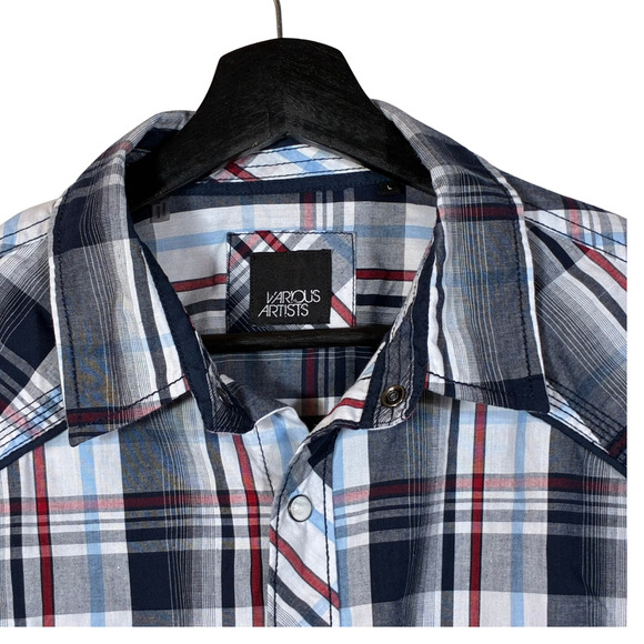 Pearl Snap Shirt Various Artists Blue Red White Plaid L Men Seam Long Sleeve - Picture 2 of 14